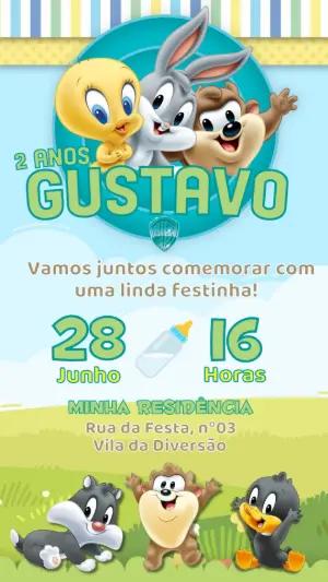 Convite de Aniversário Baby Looney Tunes Editável para Menino