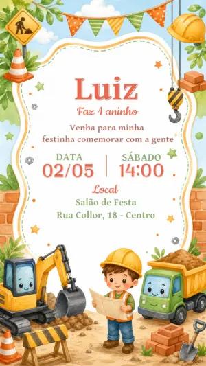 Convite de Aniversário Construção Aquarela Editável