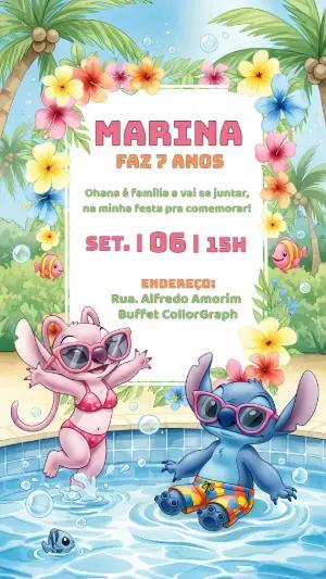 Convite Aniversário Stitch e Angel na Piscina para Editar Online