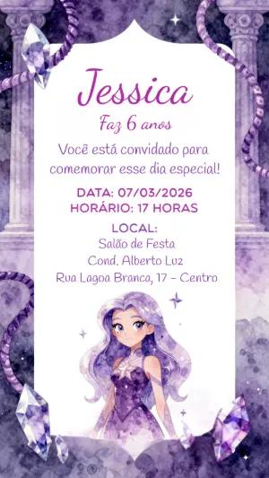 Convite de Aniversário Princesa da Galáxia Roxo Editável