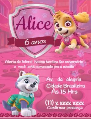Convite Aniversário Patrulha Canina Menina para Editar Online