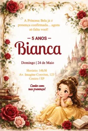 Convite de Aniversário Princesa Bela Aquarela Editável