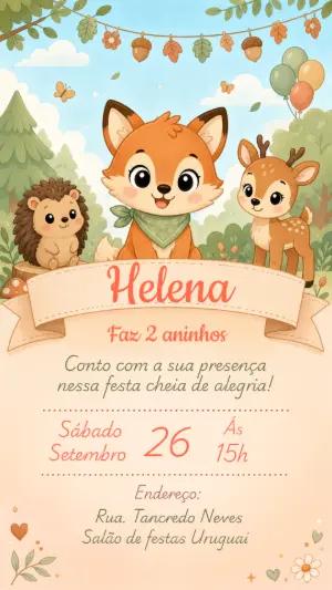 Convite Editável Aniversário Animais do Bosque Encantado