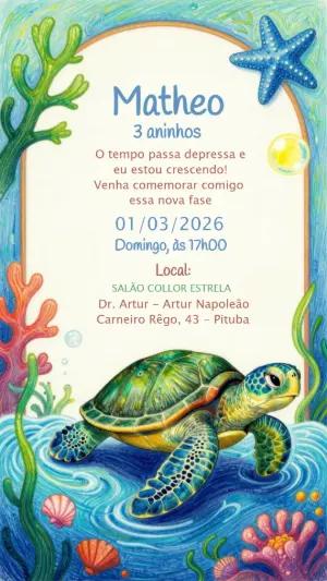 Convite Animado Aniversário Fundo do Mar Tartaruga Editável