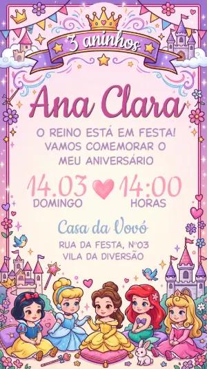 Convite de Aniversário Princesas Disney para Editar