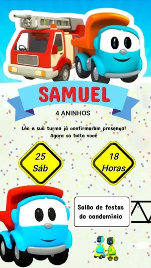 Convite de Aniversário Infantil Leo o Caminhão Modelo Editável