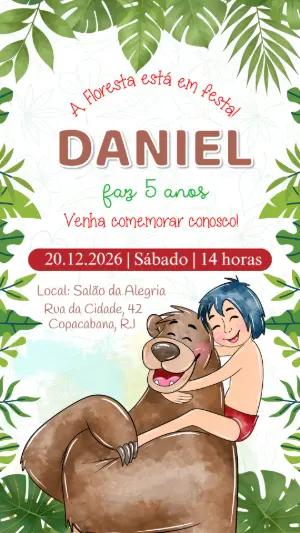 Convite de Aniversário Infantil Mogli e Baloo Editável