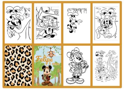 Mini Livro de Colorir Mickey Safari Editável para Aniversário Infantil