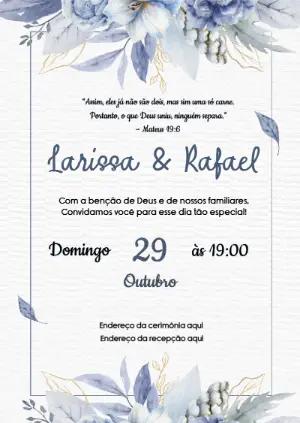 Convite de Casamento Clássico Aquarela Azul para Editar