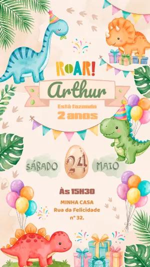Convite Dinossauro Aquarela Editável para Aniversário Infantil