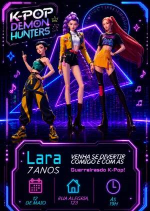 Convite de Aniversário Guerreiras do K-Pop Neon Editável