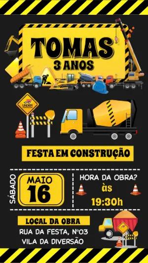 Convite Digital Aniversário Tema Construção Editável