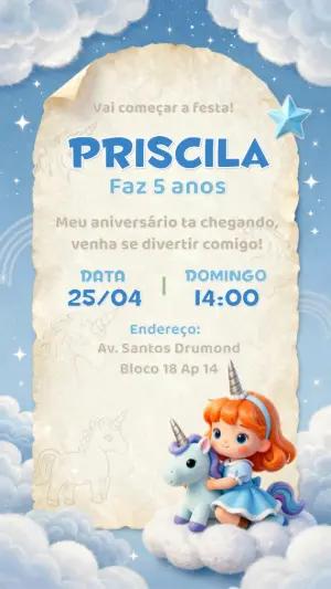 Convite de Aniversário Unicórnio Fofo 3D Editável