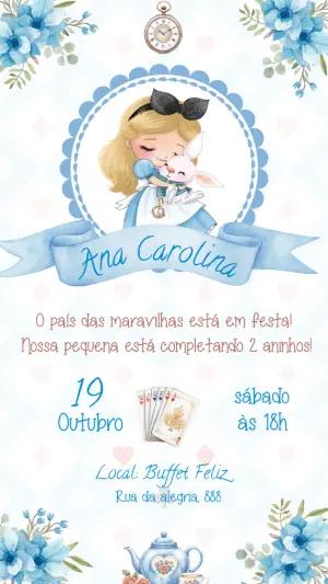 Convite de Aniversário Alice no País das Maravilhas Azul Editável