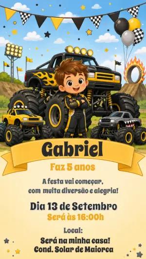 Convite de Aniversário Monster Truck: Modelo Digital Editável