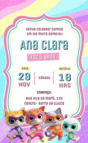 Convite de Aniversário Super Kitties Colorido para Editar