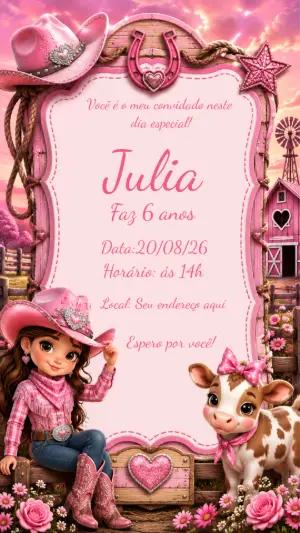 Convite de Aniversário Boiadeira Rosa para Editar