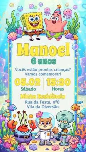 Convite de Aniversário Bob Esponja Colorido para Editar