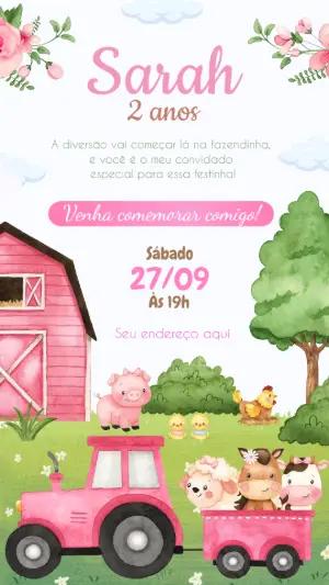 Convite Aniversário Fazendinha Rosa para Editar Online
