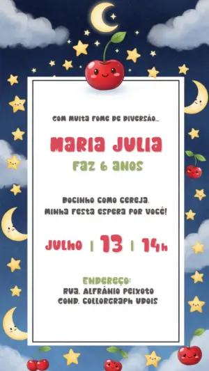 Convite de Aniversário Cereja Fofa para Editar Online