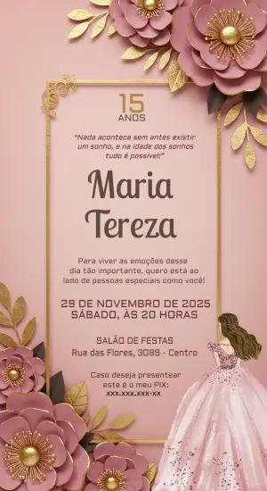 Convite Animado 15 Anos Floral Rosa e Dourado para Editar