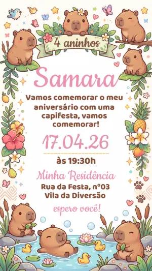 Convite de Aniversário Capivara Menina Fofo para Editar