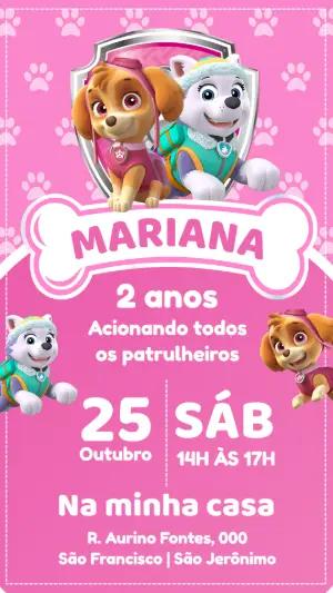 Convite Patrulha Canina Rosa com Skye e Everest Editável