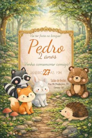 Convite Editável Aniversário Infantil Animais do Bosque
