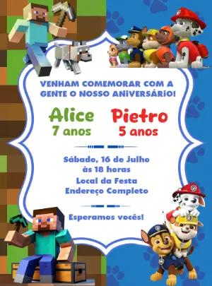 Convite Aniversário Duplo Minecraft e Patrulha Canina para Editar