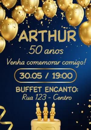 Convite de Aniversário Elegante Azul e Dourado Editável