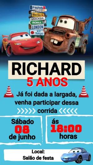 Convite de Aniversário Carros com Relâmpago McQueen Editável
