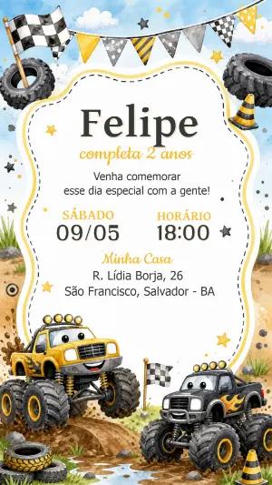 Convite de Aniversário Monster Truck Aquarela para Editar