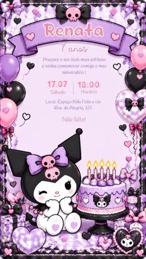 Convite de Aniversário Kuromi Gótico Fofo para Editar