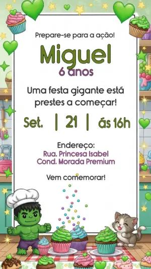 Convite Aniversário Hulk Confeiteiro para Editar Online