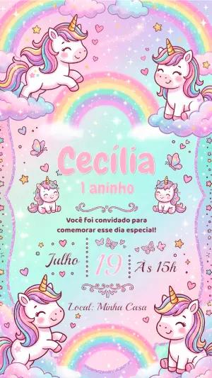 Convite de Aniversário Unicórnio Fofo para Editar