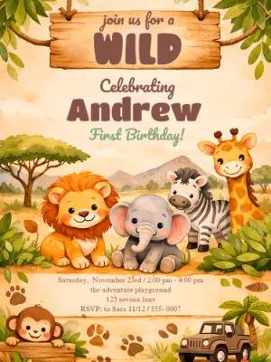 Wild One Safari Birthday Invitation | Editable Template