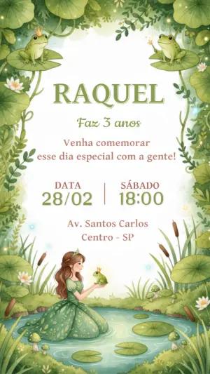 Convite de Aniversário Princesa e o Sapo em Aquarela para Editar