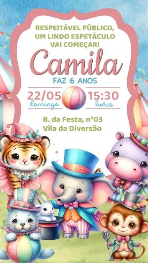 Convite de Aniversário Circo Rosa com Animais Fofos Editável