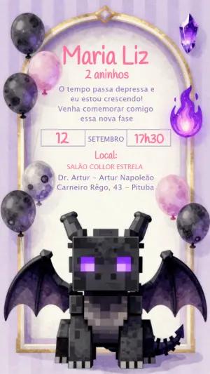 Convite de Aniversário Minecraft Menina Ender Dragon Editável