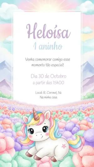 Convite de Aniversário Unicórnio Fofo para Editar Online