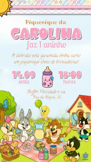 Convite Aniversário Piquenique Baby Looney Tunes para Editar