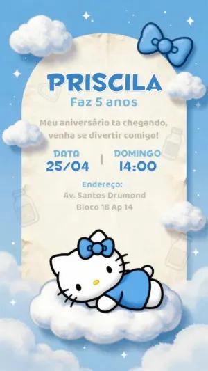 Convite de Aniversário Hello Kitty Azul nas Nuvens Editável