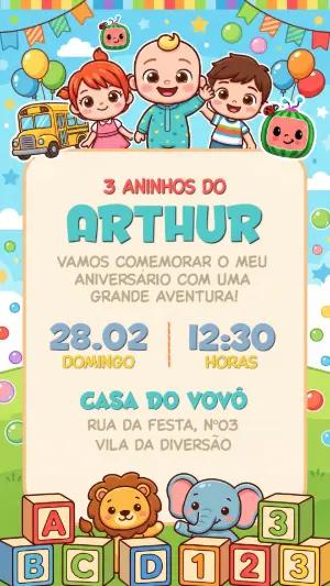 Convite de Aniversário Cocomelon Infantil para Editar