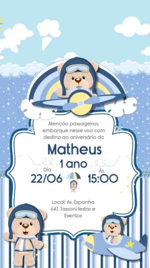Convite Animado Ursinho Aviador para Aniversário Infantil