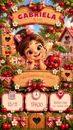 Convite de Aniversário Tema Cerejinha Editável para Menina
