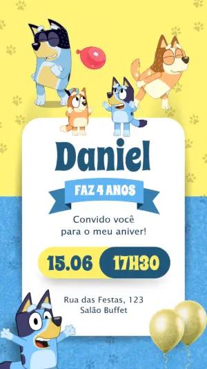 Convite Animado Bluey: Vídeo de Aniversário Infantil para Editar