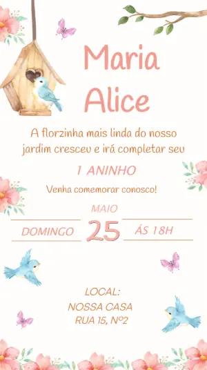 Convite Digital Jardim dos Passarinhos 1 Aninho Menina Editável