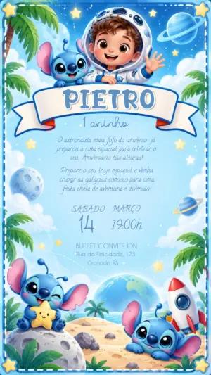 Convite de Aniversário Stitch Astronauta Modelo Editável