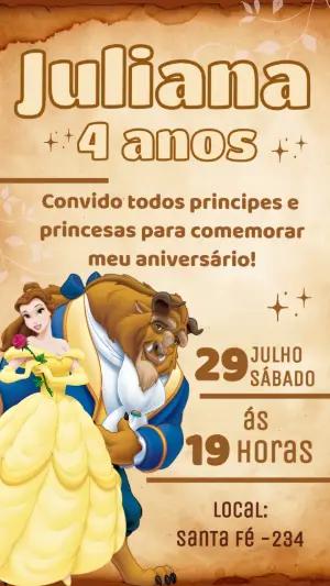 Convite de Aniversário A Bela e a Fera Rústico para Editar