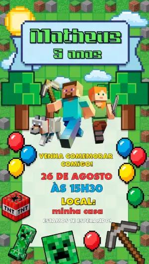 Convite de Aniversário Minecraft Editável para Festa Infantil